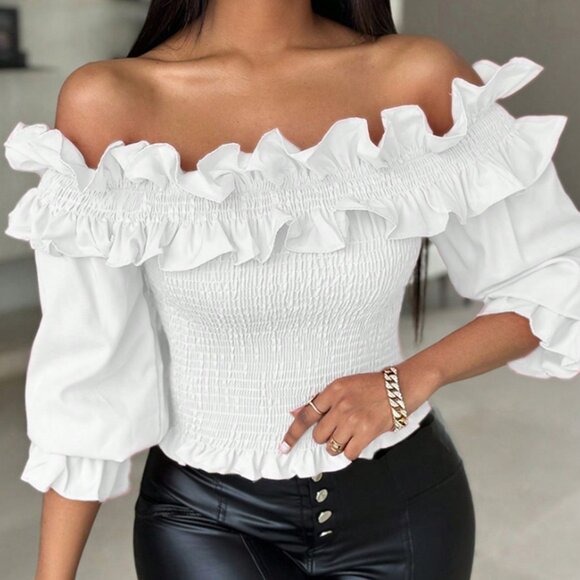 White Casual Women's Short Ruffle Trim Off Shoulder Blouse - Picture 3 of 6